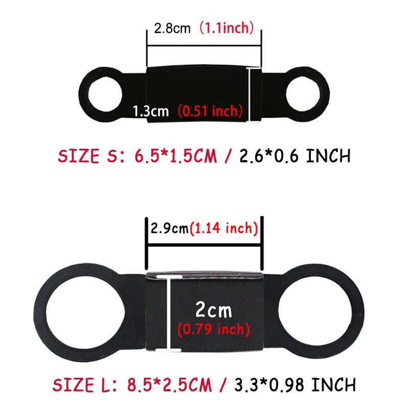 Black adjustable strap buckles in S and L sizes with clear dimension labels, ideal for securing equipment or clothing accessories.