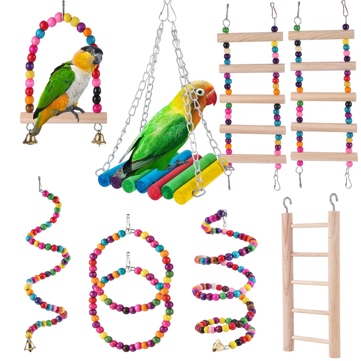 Bird Toys Set Swing Chewing Training Toys Small Parrot Hanging Hammock Parrot Cage Bell Perch Toys with Ladder Pet Supplies 1pc - Pet Friendly Supplies