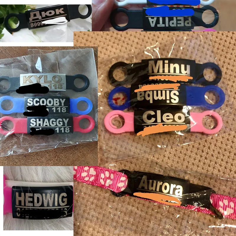 Colorful personalized pet ID tags displayed in various designs, featuring engraved names like "Kylo," "Scooby," and "Cleo." Ideal for pet collars and identification.