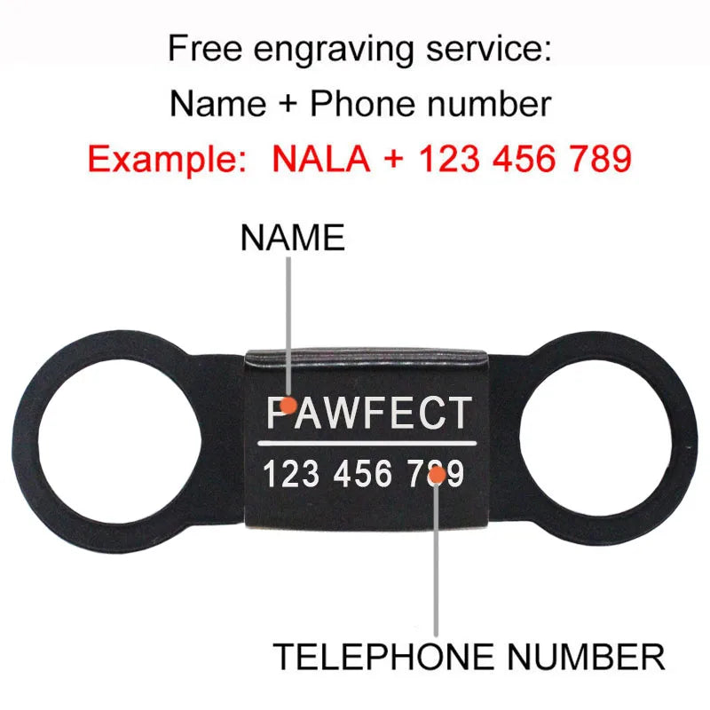 Personalized pet tag with free engraving, showcasing a name and phone number example, ideal for dog safety. #PetIDTag #CustomPetTag #FreeEngraving