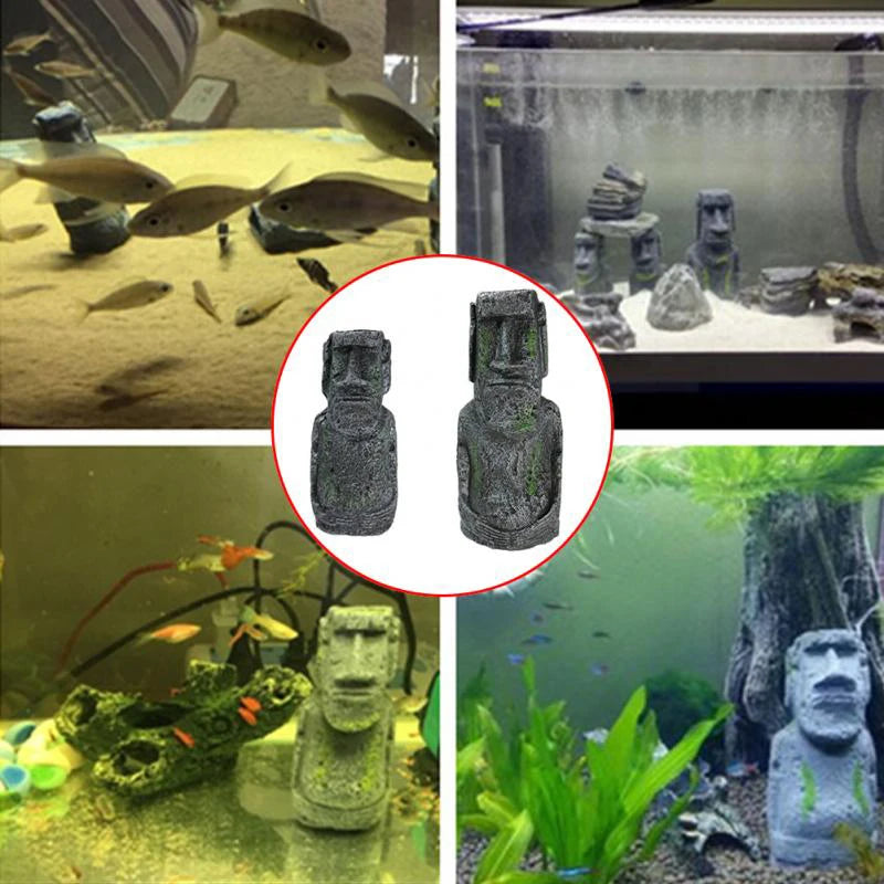 Easter Island Stone Statue Resin Ornament Fish Tank Aquarium Decoration Gnome Terrarium Reptile Tank Artificial Stone Home Decor - Pet Friendly Supplies