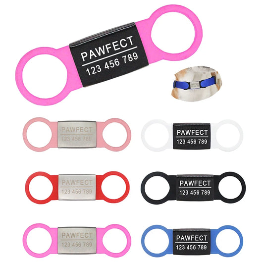 Customizable silicone pet ID tags in various colors with name and phone number for easy identification, durable and water-resistant for daily use.