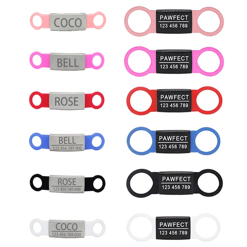 Colorful personalized pet ID tags with names and phone numbers, ideal for dog collars. Secure, durable, and easy to attach.