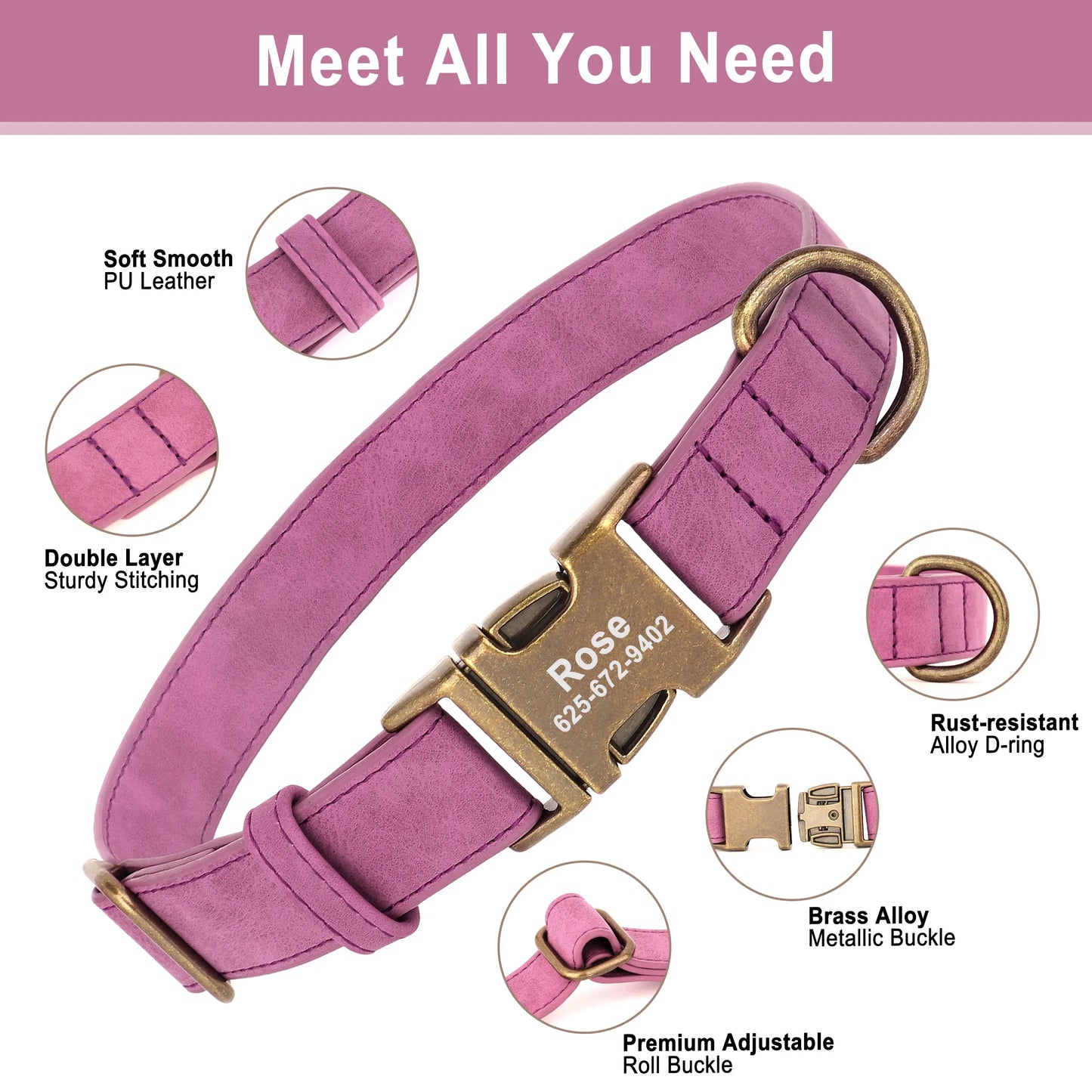 Luxurious pink PU leather pet collar with sturdy double-stitching, rust-resistant alloy D-ring, and brass buckle. Features premium adjustability and a personalized nameplate for style and durability. Perfect for pampered pets.