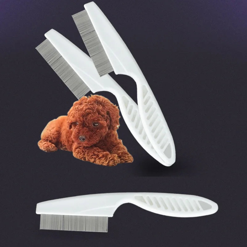 "Two ergonomic white pet flea combs juxtaposed with a plush red toy poodle on a dark background—ideal for pet grooming and lice removal."