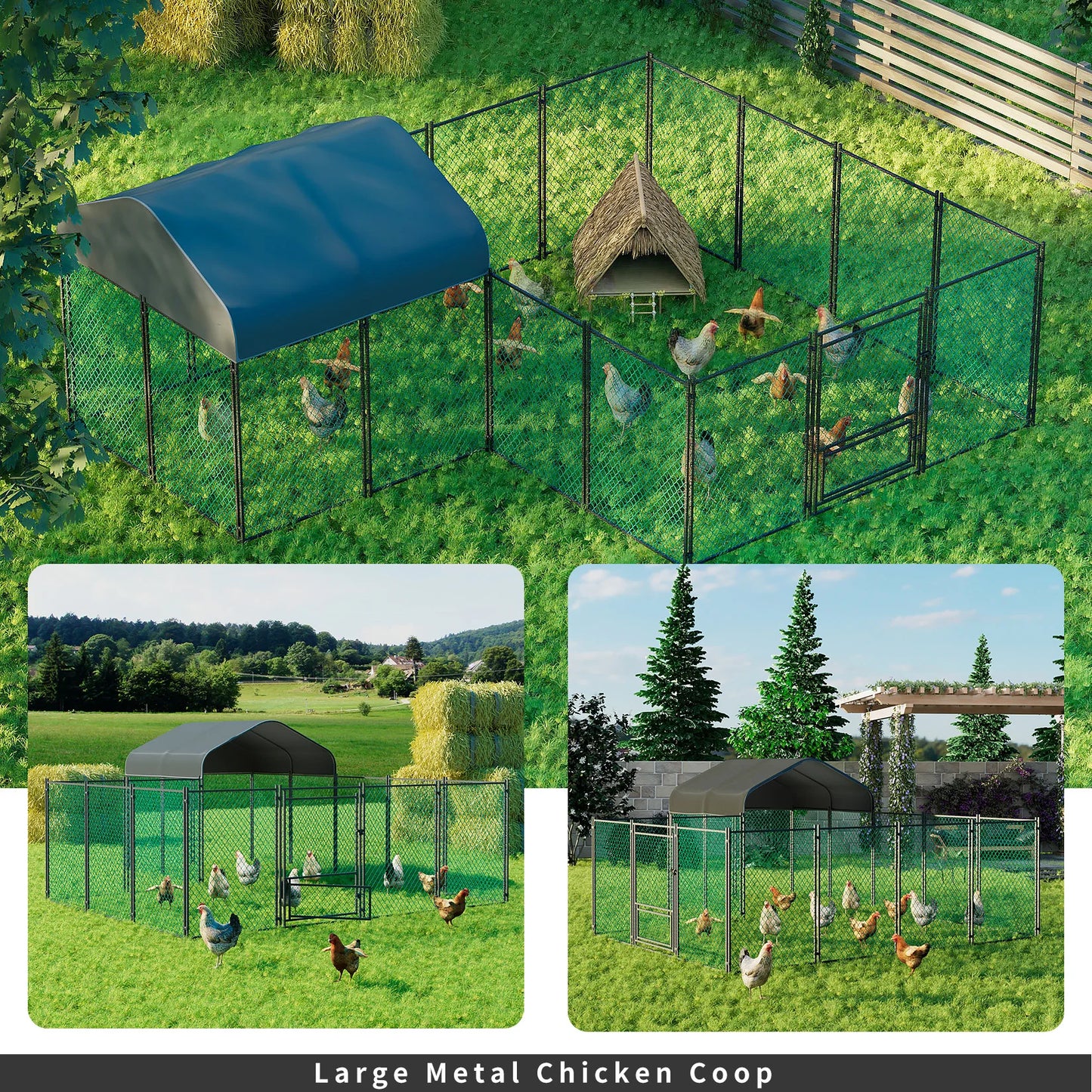 Chicken Coop 12.9x10.2x5.1ft Chicken Run Pen for Yard with Cover Outdoor Metal Portable Chicken Cage Enclosure Crate - Pet Friendly Supplies