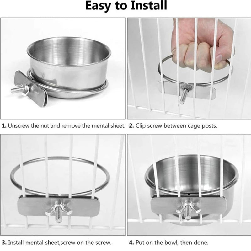 Stainless Steel Bird Feeding/Water Bowel. Clamp On Bird Cage - Pet Friendly Supplies