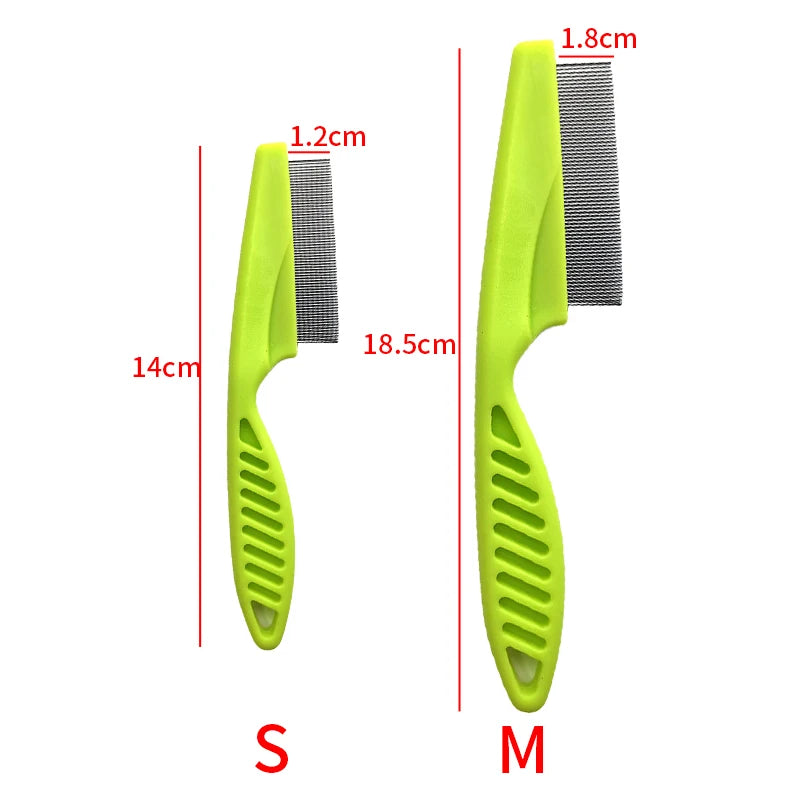 Bright green pet grooming combs in small (14cm) and medium (18.5cm) sizes, showcasing ergonomic handles and fine metal teeth for efficient fur detangling and maintenance.