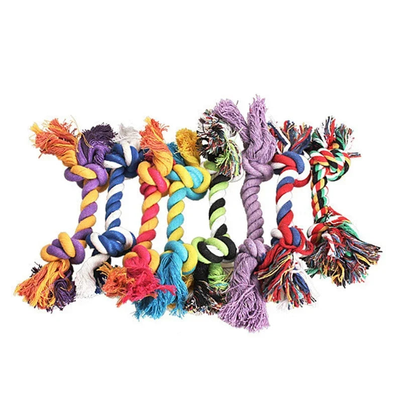 A collection of colorful, knotted rope dog toys, varying in design and size, suitable for chewing and interactive play, isolated on a white background.