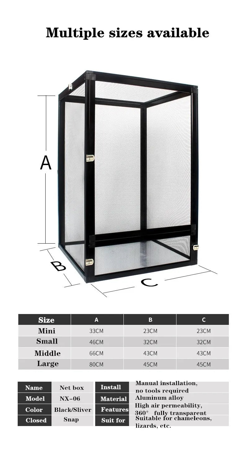 Stylish Silver Reptile Terrarium Habitat Fresh Air Screen Design With Aluminium Frame - Pet Friendly Supplies