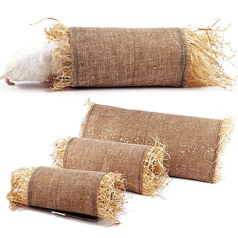 Cozy pet beds for small animals, featuring a burlap fabric exterior with soft, natural frayed edges, enhancing rustic charm and comfort for your furry friend.