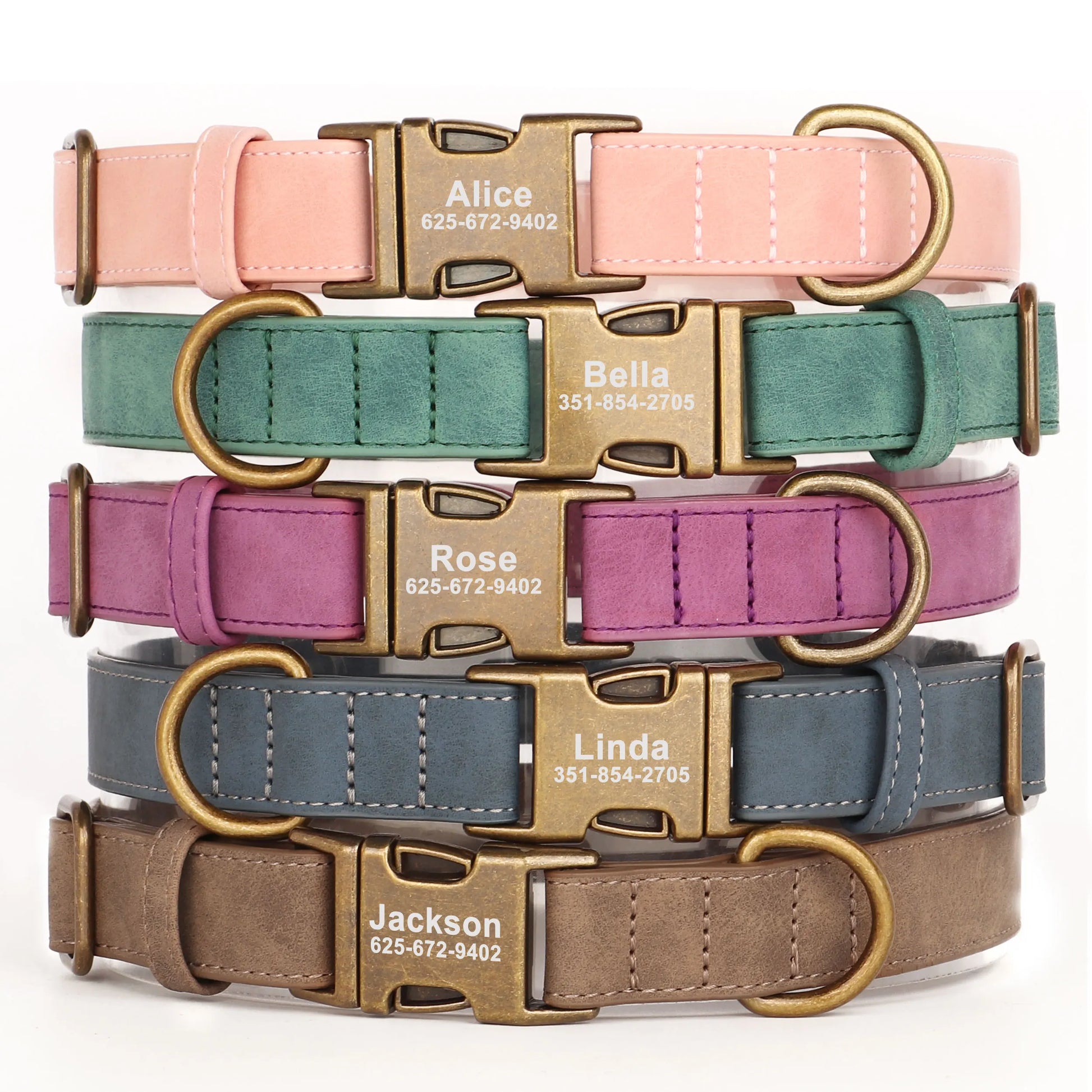 "Stack of personalized leather pet collars in various colors with custom engraved name tags and contact information. Essential for pet safety and style."