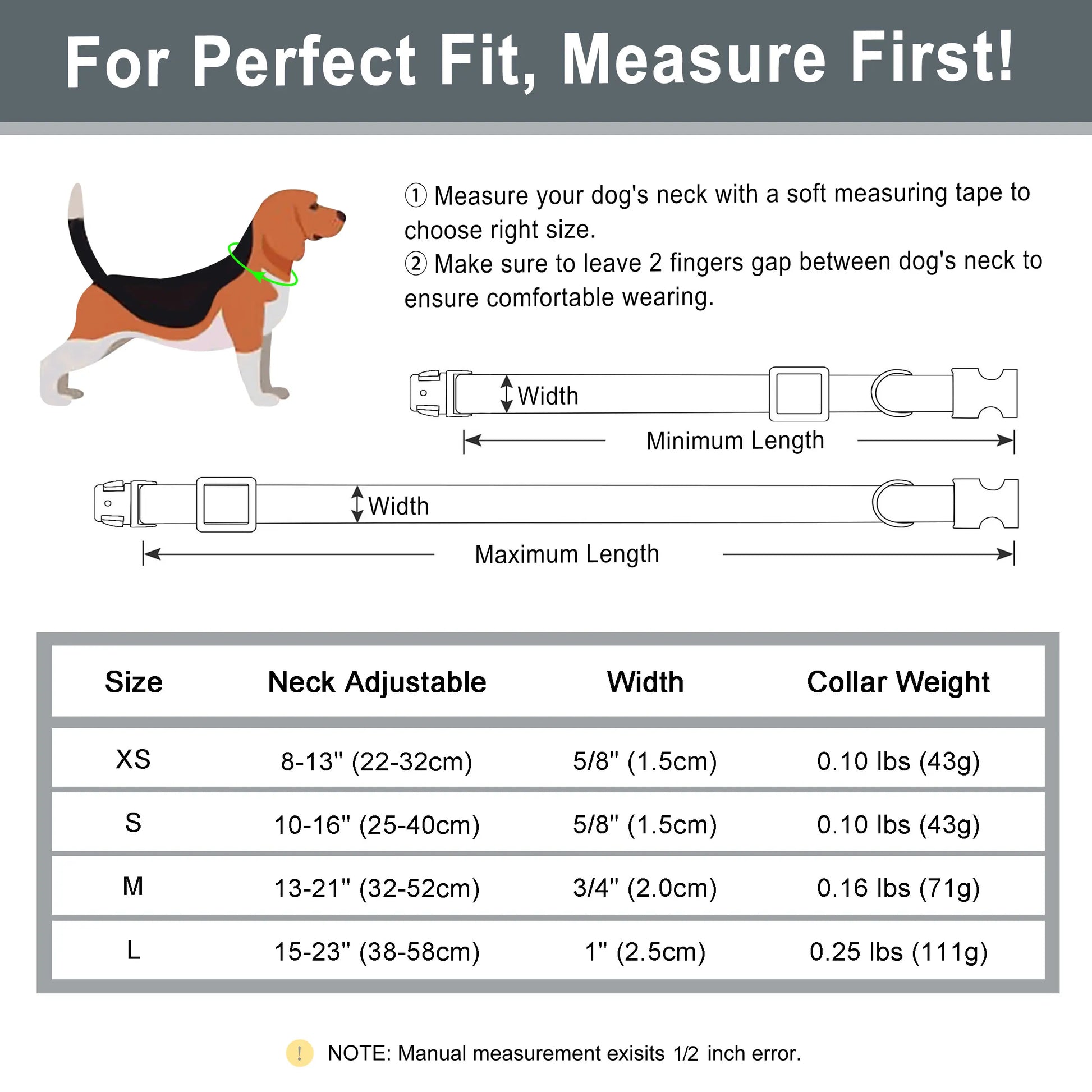 An informative guide on selecting the perfect dog collar size, featuring a neck measurement chart, collar width options, and weight details. Follow steps for a comfortable fit. Note the manual measurement disclaimer.