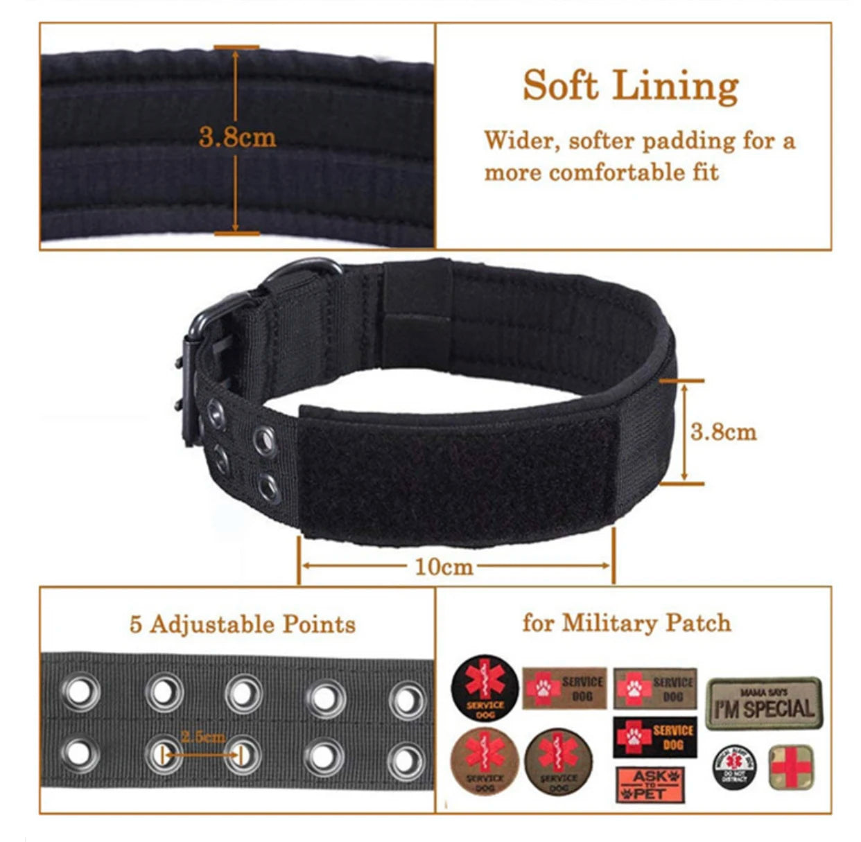 Adjustable black dog collar with soft lining, featuring a 10cm length, 3.8cm width, five adjustable points, and compatible with military patches for a customized fit and style. Perfect for comfortable, secure pet wear.