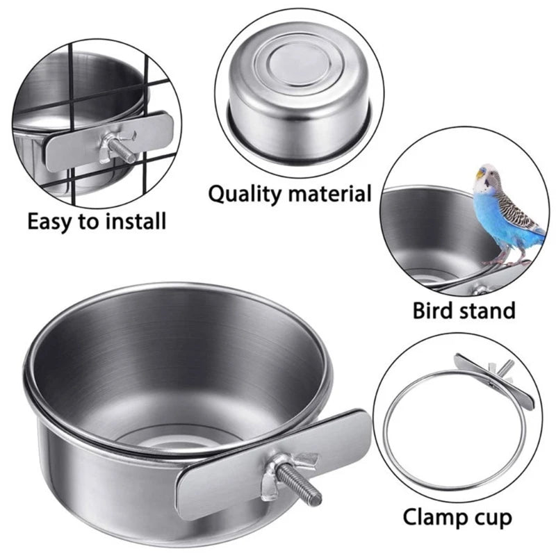 Stainless Steel Bird Feeding/Water Bowel. Clamp On Bird Cage - Pet Friendly Supplies