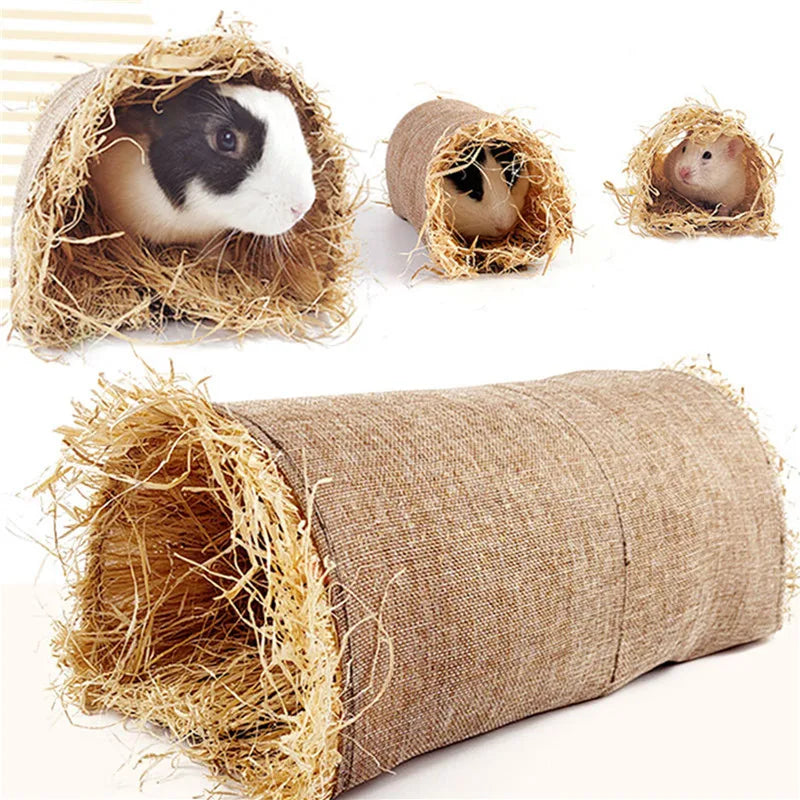 Natural burlap small pet tunnel toy with guinea pigs peeking out, ideal for play and hideaway, enhancing your pet's habitat.