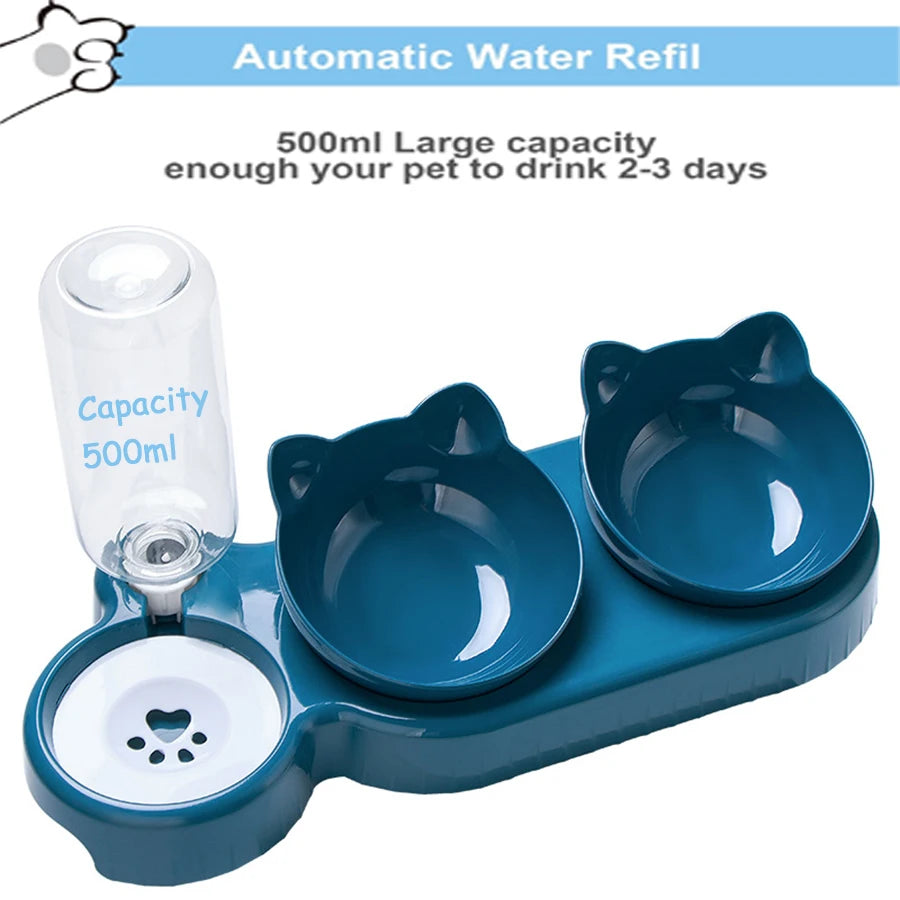 2-in-1 Double Bowls with Automatic Drinking Bottle, Tilted and Rotatable Design Pet Friendly Supplies