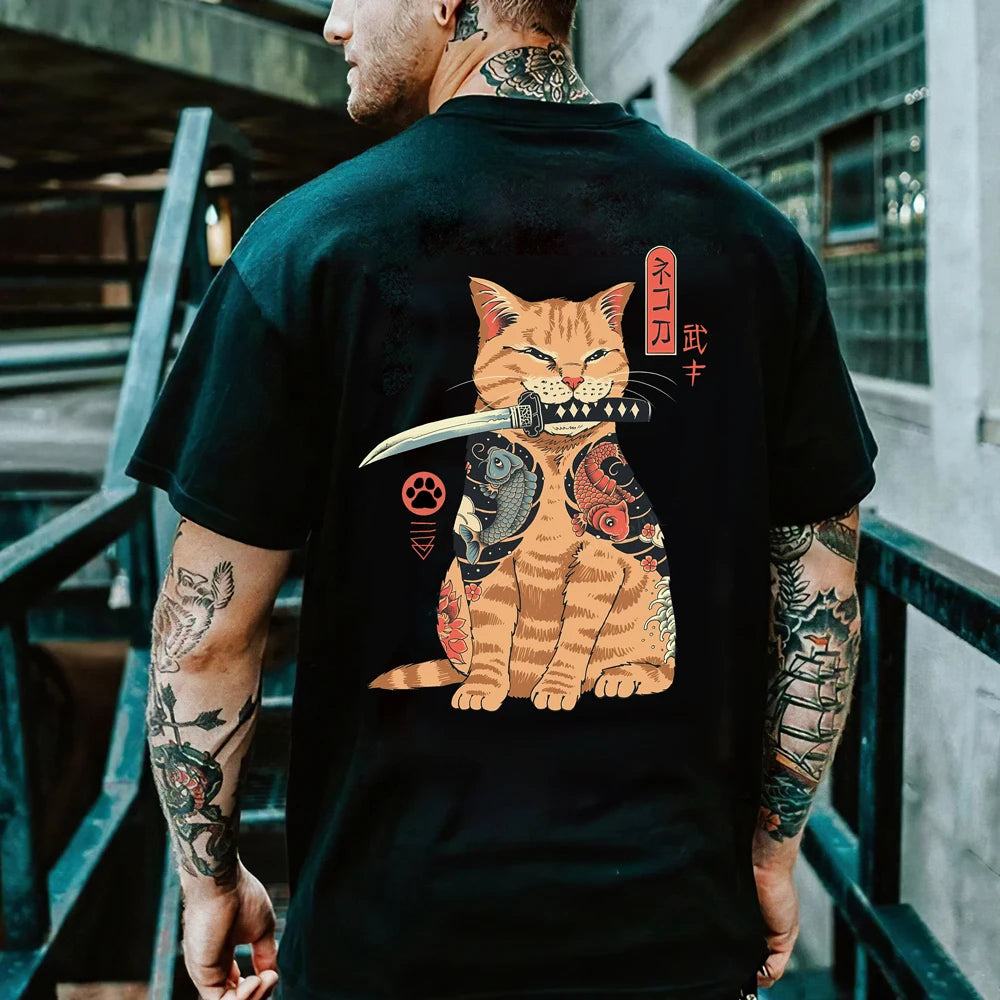 Cartoon Anime Samurai Cat Printed T Shirt Pet Friendly Supplies